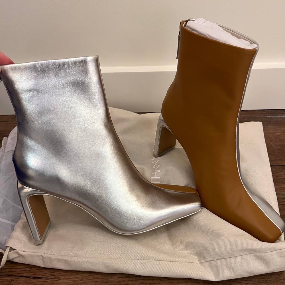 Jonathan Simkhai Silver Tan Two Tone Leather‎ Square Toe Block Heel Boots 36